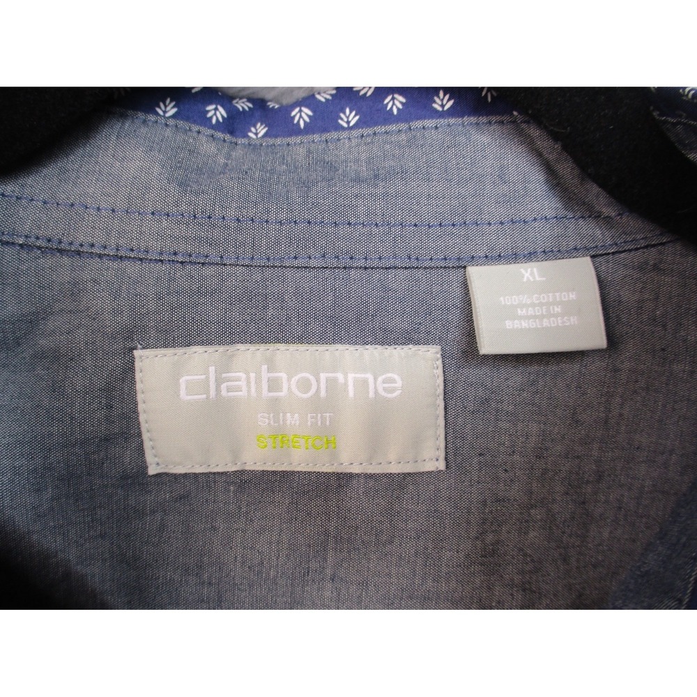 Claiborne Men's XL Slim Fit Button Up Shirt Navy White Print Short Sleeve Cotton - Picture 2 of 7
